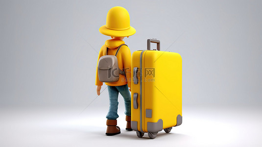 卡通旅游旅行者带着黄色手提箱散步的 3d 渲染