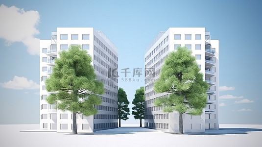 有两棵树和现代建筑的办公楼的 3D 渲染