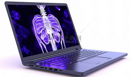 计算机笔记本显示器的孤立白色背景 3D 渲染，显示大脑的 X 射线