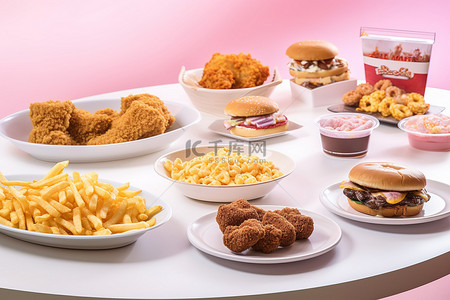 桌子盘子背景图片_白桌上的各种盘子，配有快餐菜肴和糖果