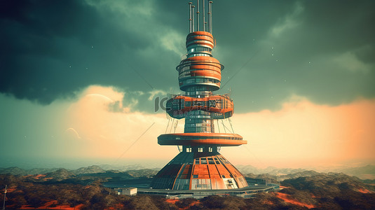 科幻世界中原子塔的复古未来派 3D 概念艺术
