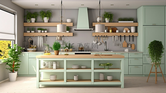 豪华晚餐背景图片_开心果色设计师厨房岛的 3D 渲染，上面有装饰和灯具