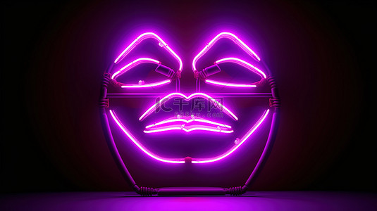 紫色情人节背景上的霓虹灯亲吻 3D 渲染图像