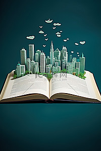 高图片背景图片_书打开了，城市画在书页上，天空画在书里