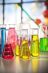 实验室环境中的彩色试管和烧杯
