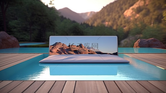 使用向导背景图片_空的笔记本电脑屏幕和躺椅，带有模糊的山和自然背景 3D 可视化