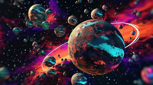 星空虚拟现实空间中五彩迷幻行星的 3D 渲染