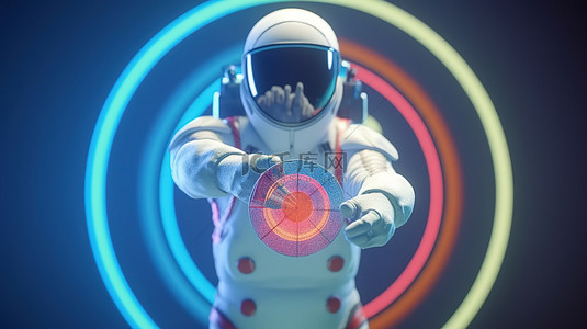彩色太空背景图片_带飞镖箭和宇航员的彩色目标的 3D 渲染