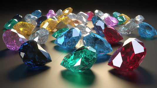 各种宝石形状的耀眼彩色钻石的 3D 渲染