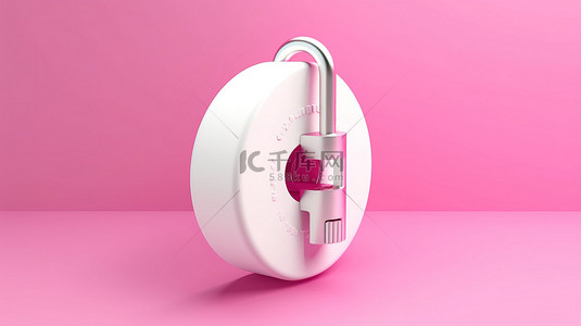 粉红色隔离背景，具有 3D 插图中打开的白色锁图标