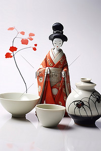 日本和服和服背景图片_白色背景中的艺伎娃娃和两个碗