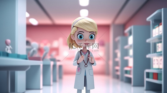 女医生指着医院医疗室内的复制空间 3D 渲染的卡通插图