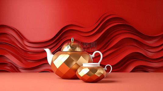 中国东方背景图片_红色和金色几何设计的东方波浪，红宝石背景上的茶壶通过 3D 渲染进行说明