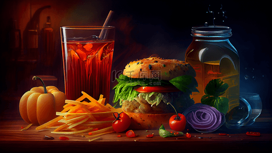 快餐背景海报背景图片_美食背景汉堡薯条蔬菜