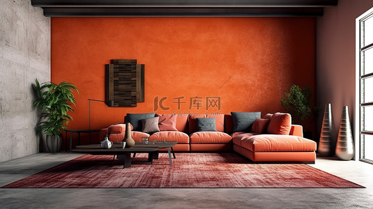别致的阁楼设计，配有时尚的沙发和彩色地毯，以高品质 3D 插图呈现