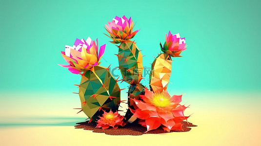 仙人掌低聚花的程式化 3D 插图