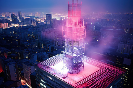 背景为消防塔的摩天大楼顶视图