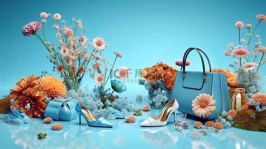 蓝色梦幻花朵晚装和美容必需品在 3D 渲染世界中漂流