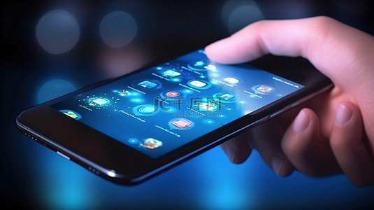 手机与人背景图片_在 3D 蓝色背景下与智能手机屏幕上的聊天应用程序交互