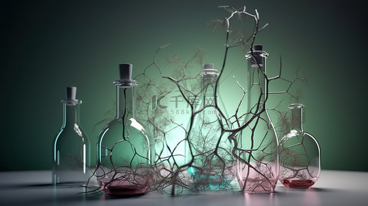 抽象 3D 渲染中带有吸管的树枝和瓶子