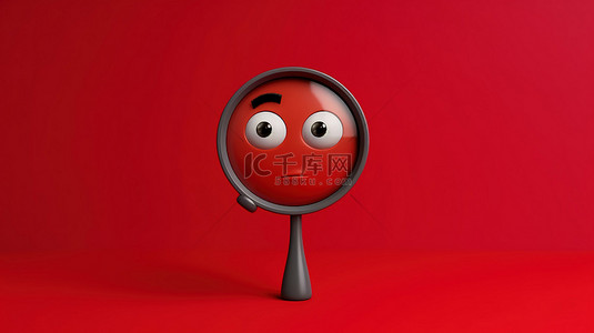 3D 渲染的放大镜描绘红色背景下悲伤的脸