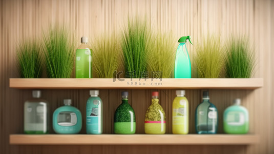 自动售货机背景图片_生态友好的清洁和洗涤与草启发的架子 3D 渲染