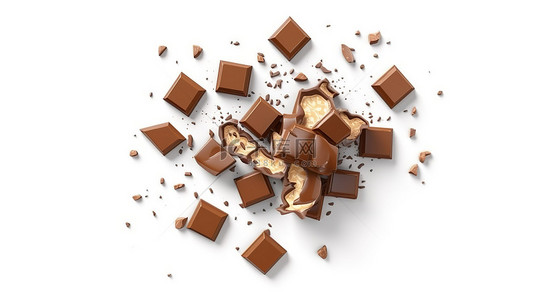 小吃吧背景图片_白色背景上孤立的顶视图牛奶巧克力棒和巧克力片的 3D 插图