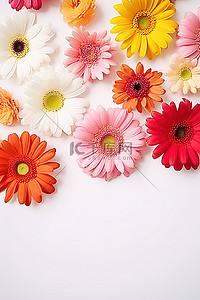 白色的背景和粉色和橙色的花朵拼出快乐