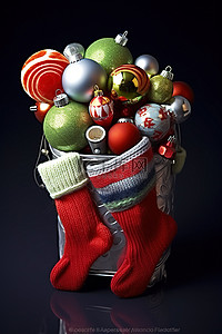 针织圣诞背景图片_装满圣诞装饰品的针织袜子