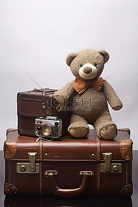 一个棕色手提箱，里面有泰迪熊和相机