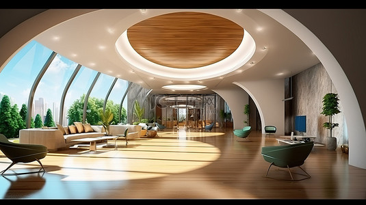 现代办公室或酒店接待处奢华室内设计的 3D 渲染