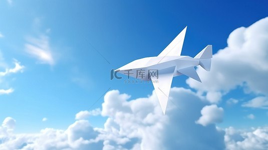 飞机纸飞机背景图片_翱翔的野心白色折纸纸飞机与喷气机和乘客的阴影在蓝色多云的天空背景 3d 渲染