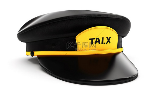 白色背景的 3D 插图，带有黑色出租车司机帽，带有金色徽章和黄色出租车屋顶招牌旁边的出租车标志