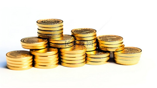 白色背景上堆叠的金币通过 3D 渲染描绘商业投资和外汇货币兑换