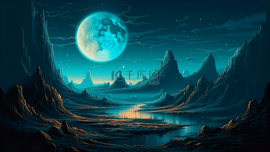 远处枯木背景图片_月亮山峰小溪蓝色开心