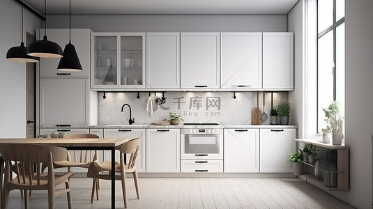家居厨房背景图片_带白色用餐区的简约斯堪的纳维亚复古厨房 3d 渲染