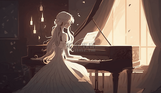 梦幻唯美钢琴女孩卡通插图背景