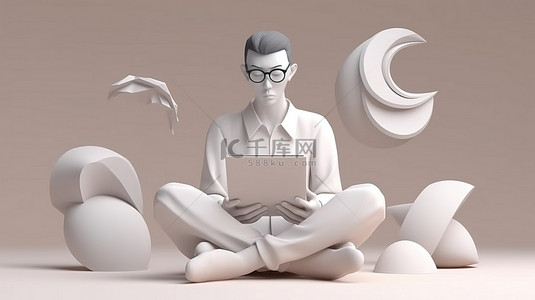 亚洲男子莲花座，手持平板电脑，3D 渲染描绘教育创业和领导力