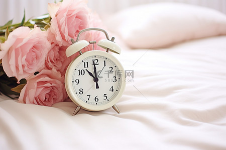 床上的闹钟和鲜花