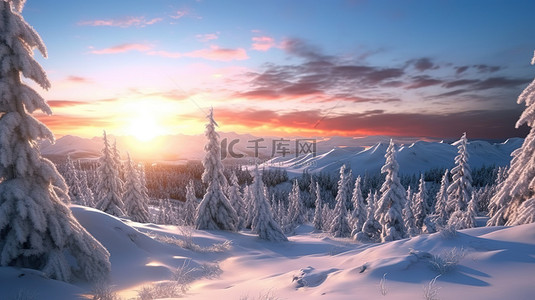 冬季山背景图片_雪松山顶与冉冉升起的太阳 3D 渲染图像