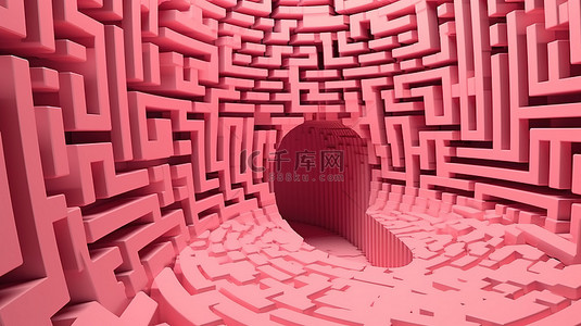 3D 插图迷宫式地牢逃生或拼图关卡设计中的体积粉色圆形拼图走廊