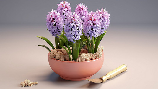 3d 渲染中带风信子花和花园抹刀的陶瓷盆