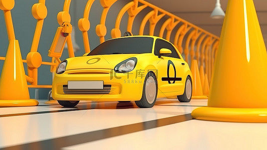 停在路障和带有标志的安全亭旁的卡通黄色汽车的 3D 渲染