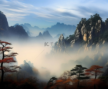 风景枫叶背景图片_有雾的风景与山与薄雾