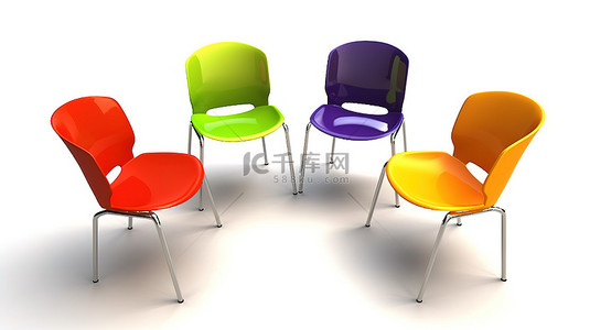 白色背景上充满活力的座位安排象征着富有成效的会议和讨论与 3D 插图