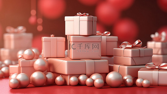 礼包红色促销背景图片_3D 礼品盒和珍珠逼真的节日横幅，用于网络广告促销和销售传单
