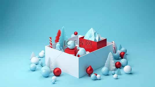 节日 3D 圣诞元素嵌套在礼品盒中，带有蓝色背景空间供复制
