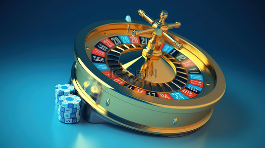 蓝色背景 3D 渲染在线赌场设置中的真实 3D 轮盘赌轮和老虎机