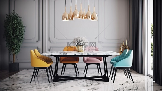 带彩色座椅大理石桌和 3D 渲染的现代风格餐厅