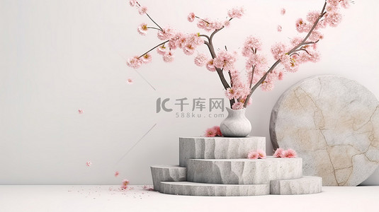 日本花卉背景图片_日本石讲台上白色背景樱花化妆品的 3D 插图